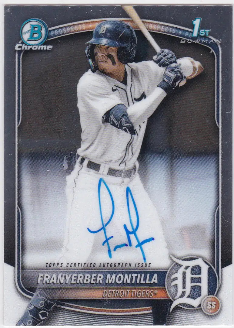 Franyerber Montilla auto baseball card from 2025 Bowman Chrome Prospect Montilla Auto Tigers