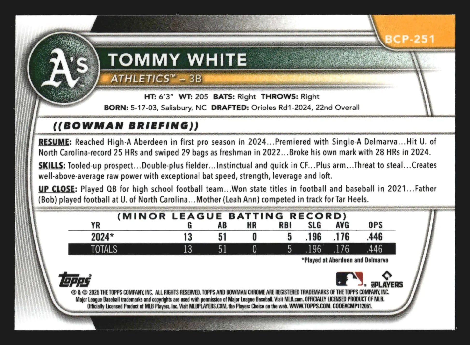 2025 Bowman Chrome Prospects #BCP-251 Tommy White Athletics 1st Bowman - Baseball Card Single