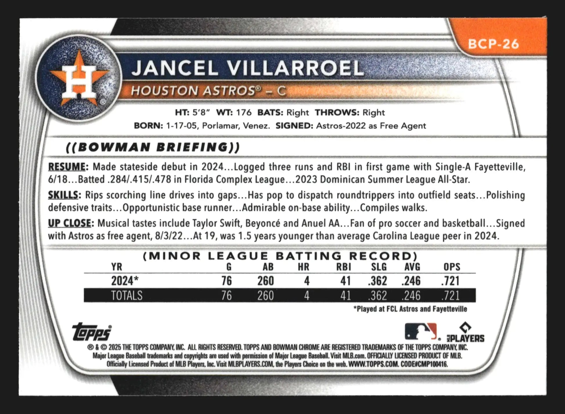 2025 Bowman Chrome Prospects #BCP-26 Jancel Villarroel Astros 1st Bowman - Baseball Card Single