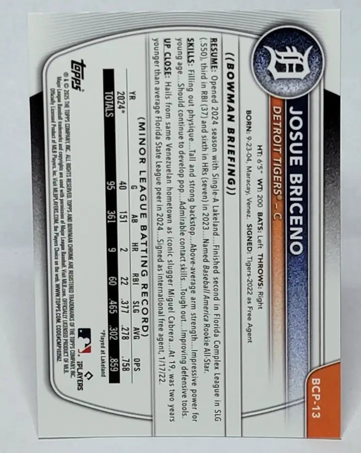 2025 Bowman - Chrome Prospects Josue Briceno #BCP-13 Mojo Refractor (RC) - Baseball Card Single