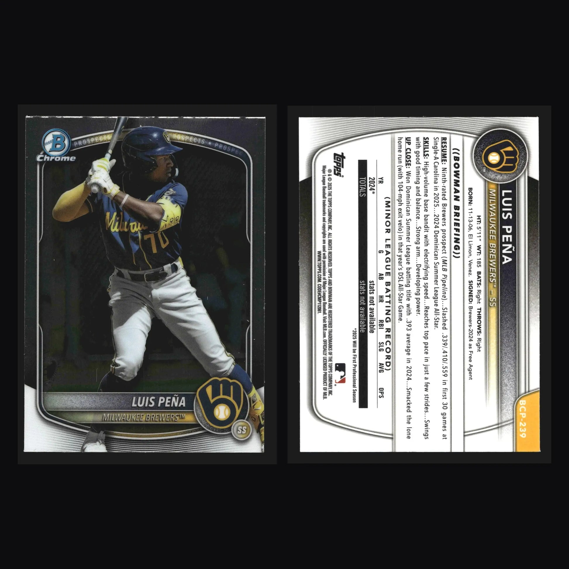 2025 Bowman Chrome Prospects Luis Pena #BCP-239 Milwaukee Brewers - Baseball Card Single