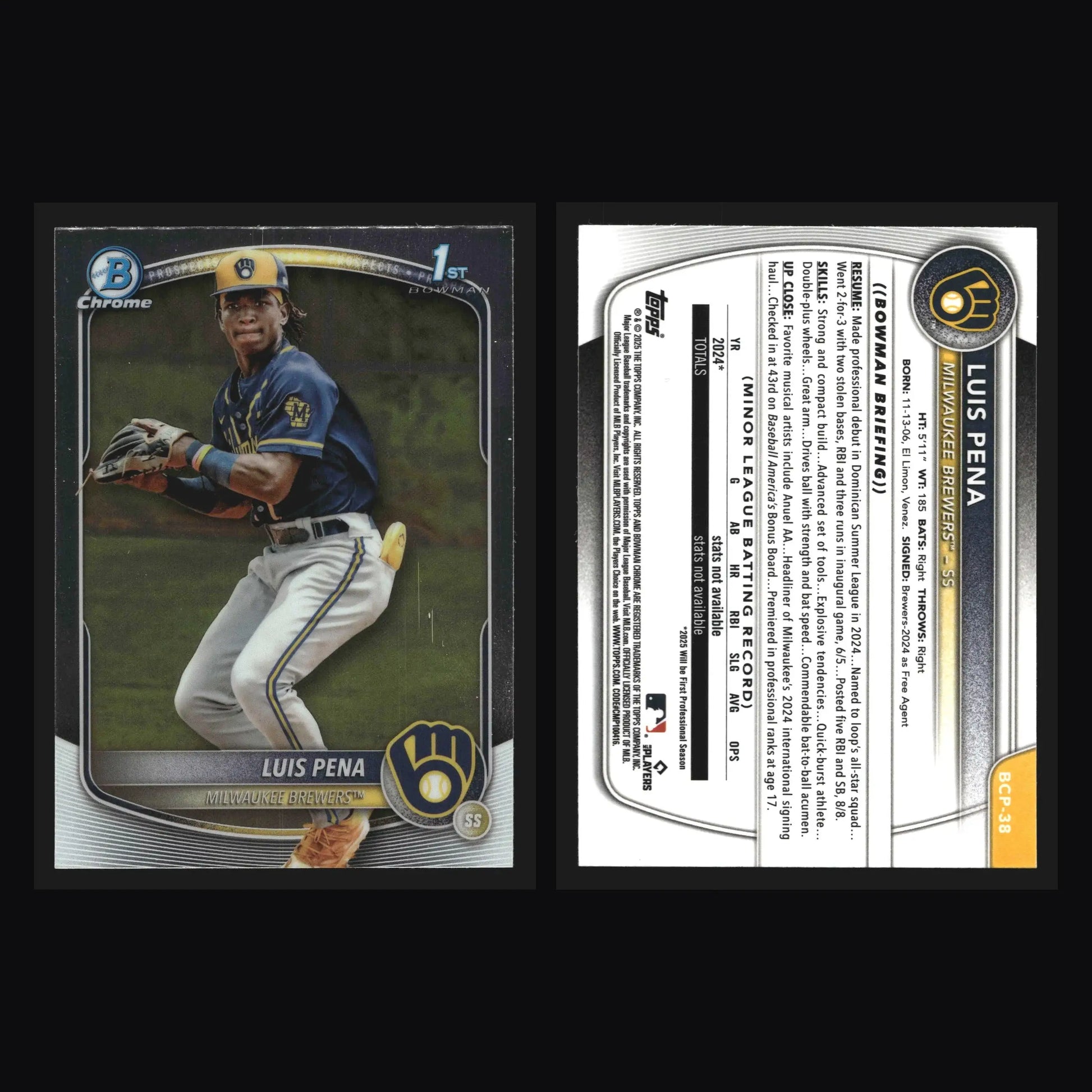 2025 Bowman Chrome Prospects Luis Pena #BCP-38 Brewers 1st Bowman - Baseball Card Single