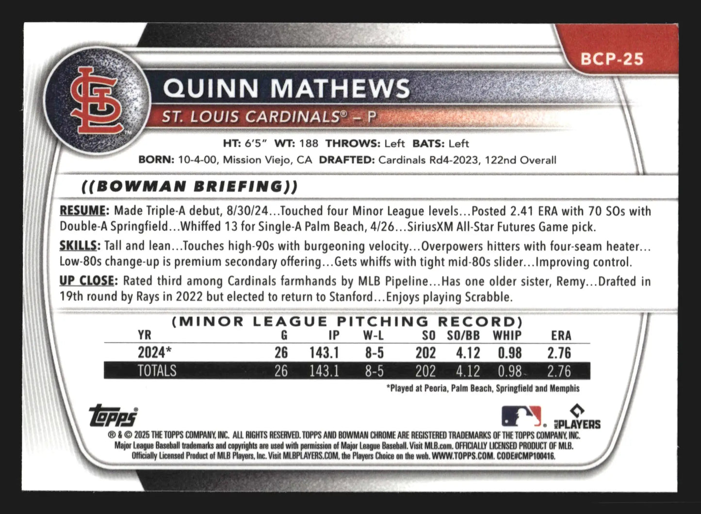 2025 Bowman Chrome Prospects Quinn Mathews #BCP-25 1st Bowman Cardinals - Baseball Card Single