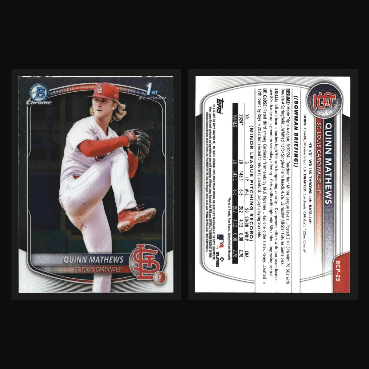 2025 Bowman Chrome Prospects Quinn Mathews #BCP-25 1st Bowman Cardinals - Baseball Card Single
