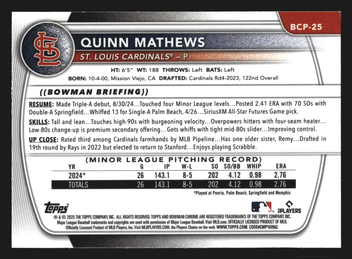 2025 Bowman Chrome Quinn Mathews #BCP-25 Mega Box Mojo Refractor RC - Baseball Card Single