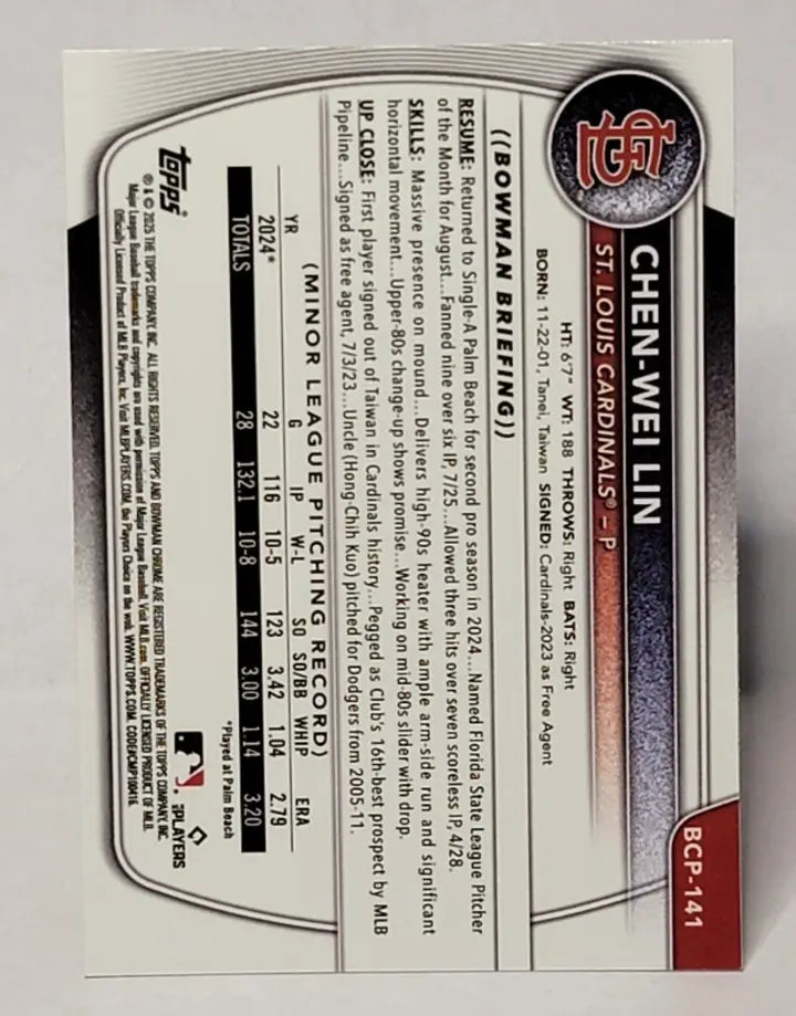 Chen-Wei Lin baseball card from 2025 Bowman Chrome Reptilian Refractor collection