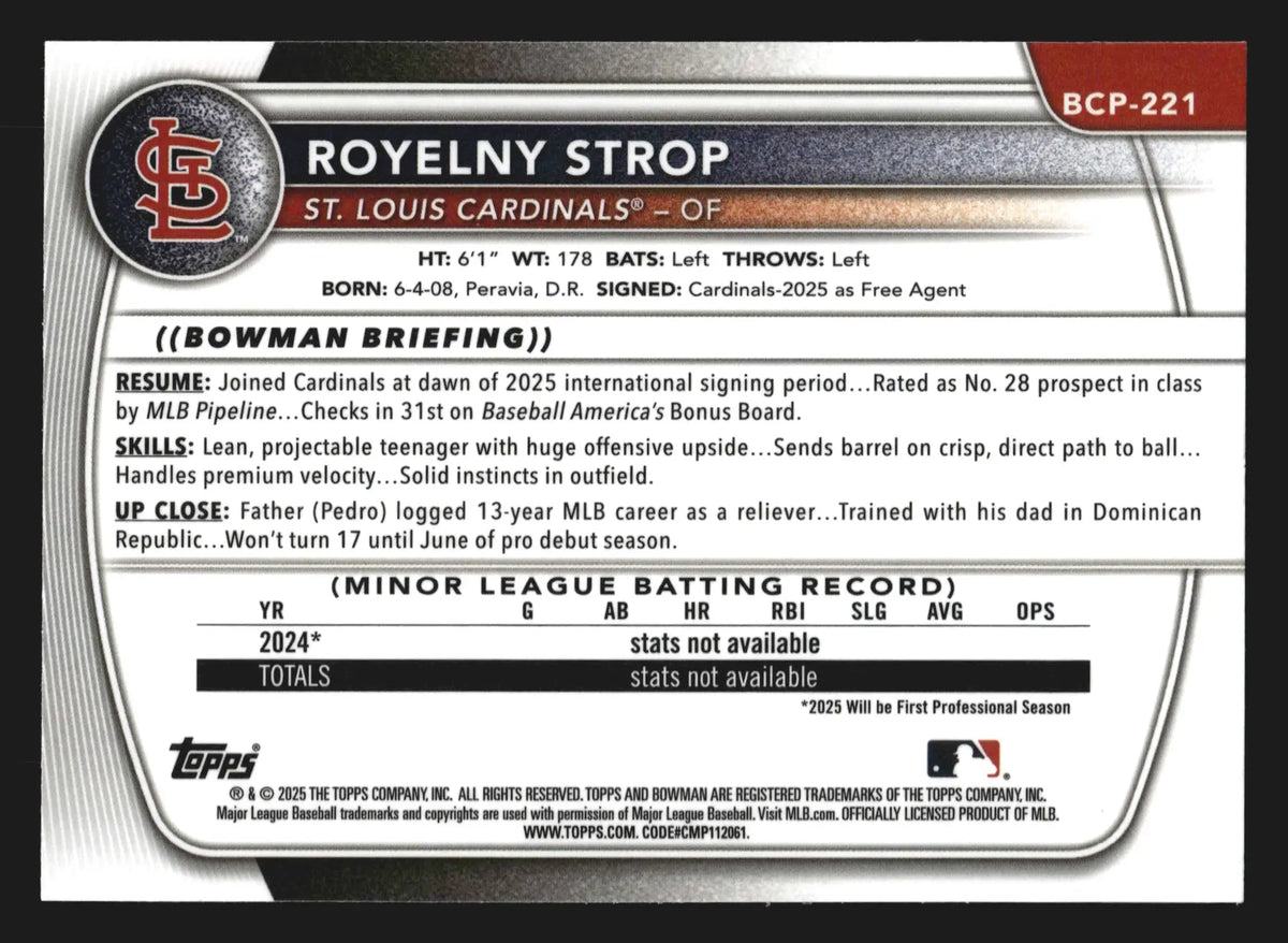 2025 Bowman Chrome Royelny Strop #BCP-221 Cardinals 1st Bowman - Baseball Card Single