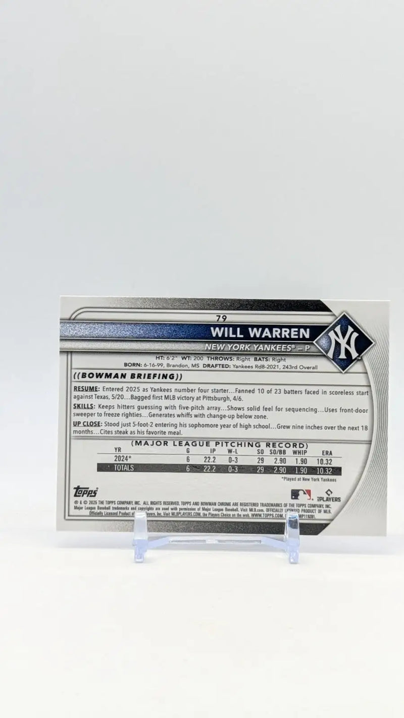 2025 Bowman Chrome Will Warren Red Rookie Redemption New York Yankees RC - Baseball Card Single