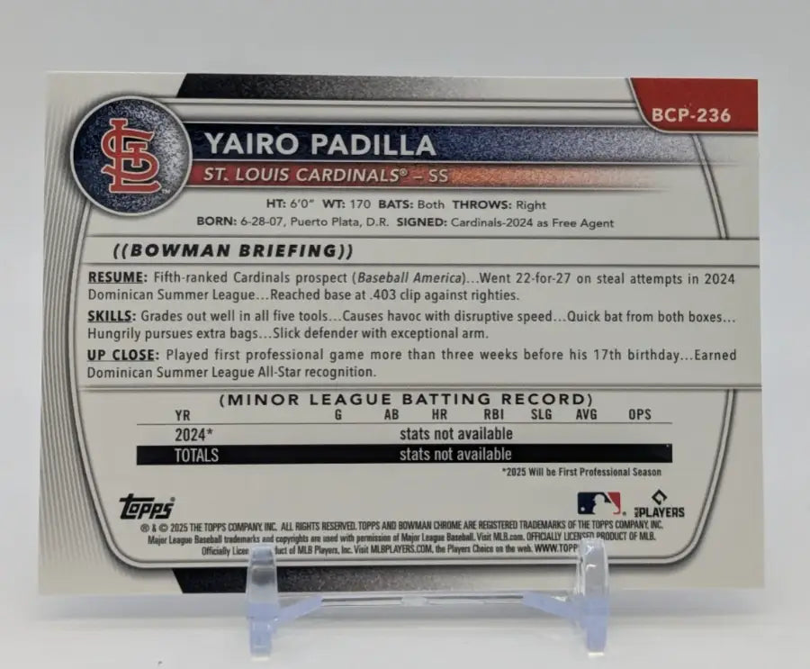 2025 Bowman Chrome Yairo Padilla 1st Bowman St. Louis Cardinals #BCP-236 Mojo - Baseball Card Single