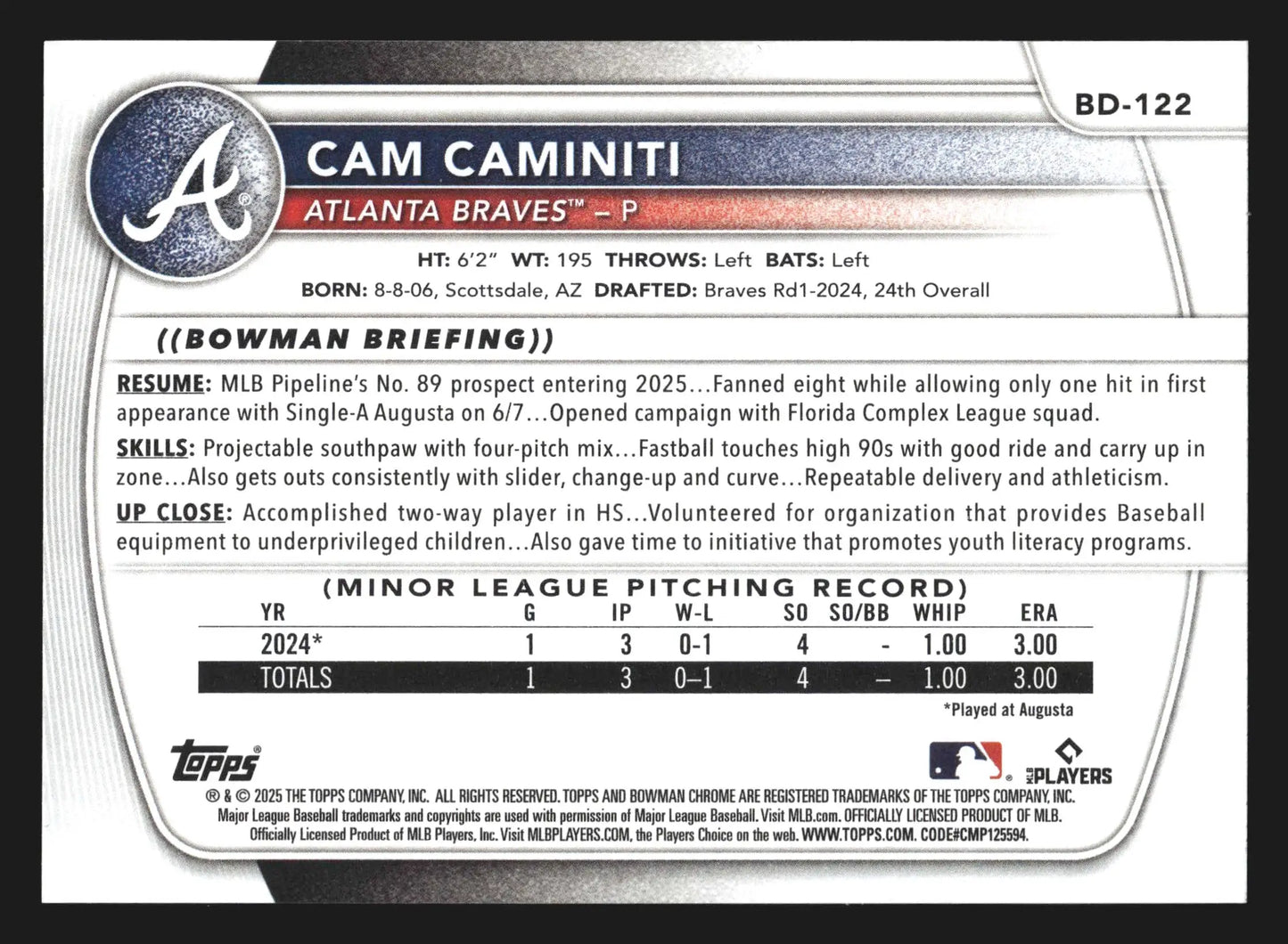 2025 Bowman Draft #BD-122 Cam Caminiti Atlanta Braves