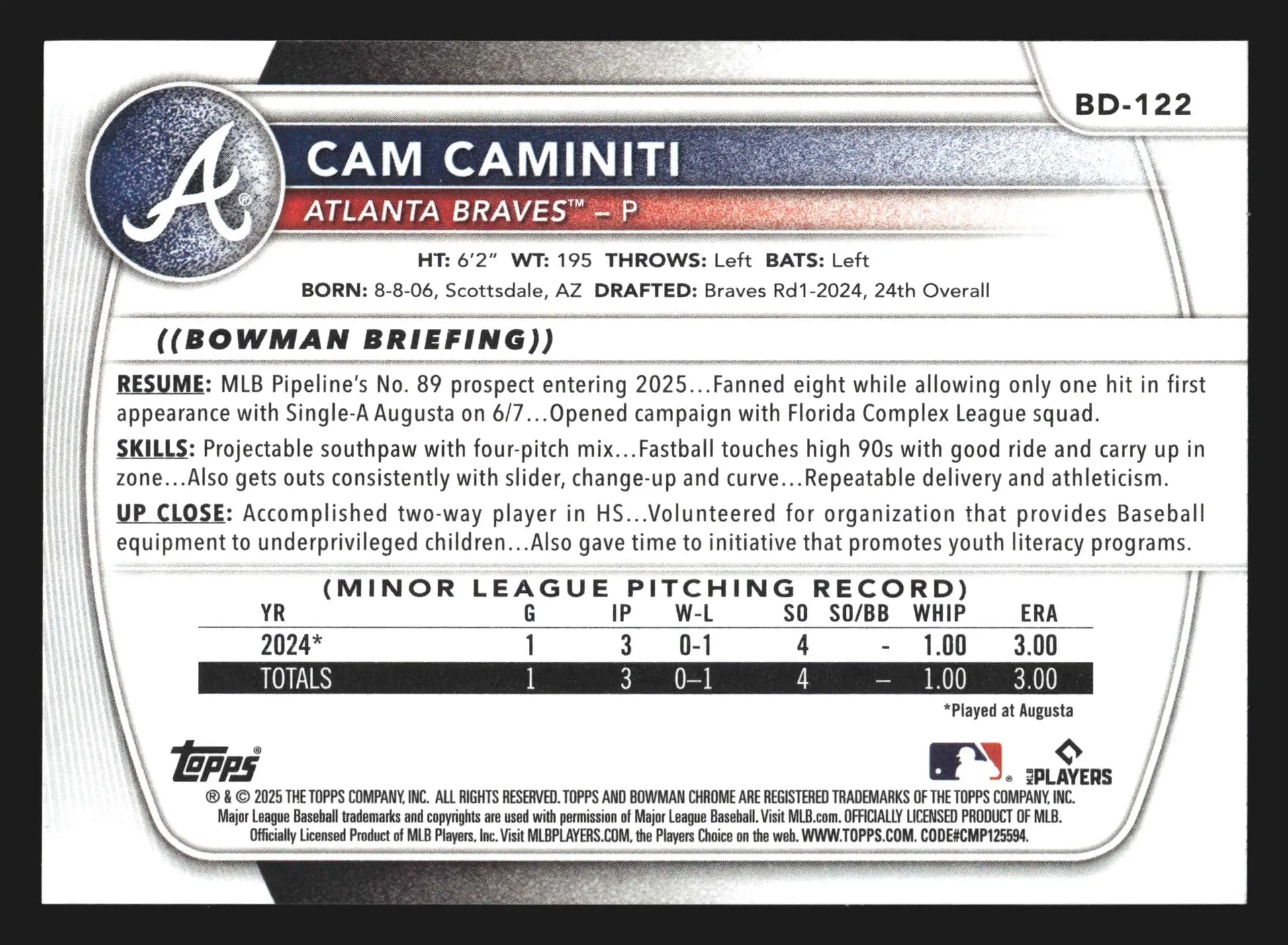 2025 Bowman Draft #BD-122 Cam Caminiti Atlanta Braves
