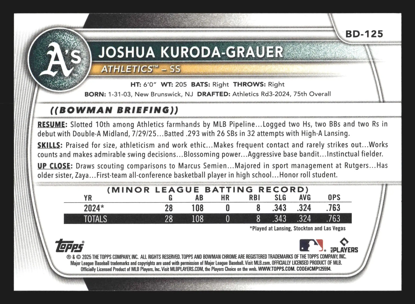 2025 Bowman Draft #BD-125 Joshua Kuroda-Grauer Athletics 1st Bowman - Baseball Card Single