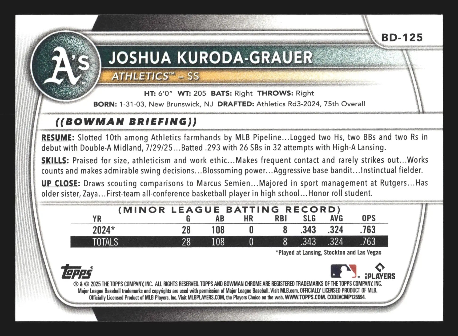 2025 Bowman Draft #BD-125 Joshua Kuroda-Grauer Athletics 1st Bowman - Baseball Card Single