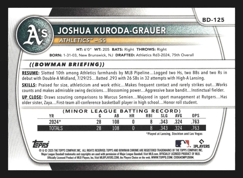 2025 Bowman Draft #BD-125 Joshua Kuroda-Grauer Athletics 1st Bowman - Baseball Card Single