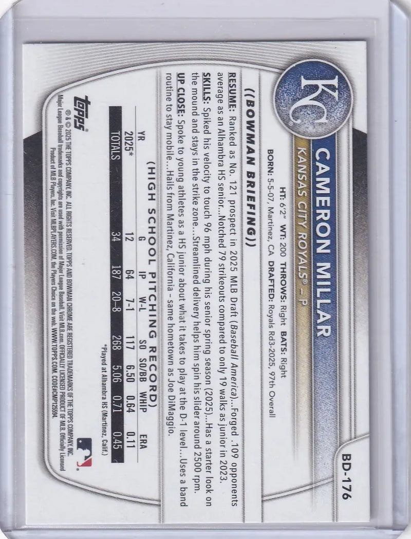 2025 Bowman Draft #BD-176 Cameron Millar - Royals - Baseball Card Single