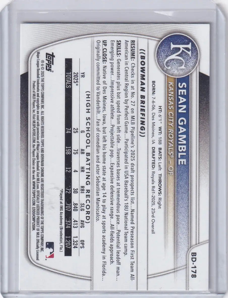 2025 Bowman Draft #BD-178 Sean Gamble - Royals - Baseball Card Single