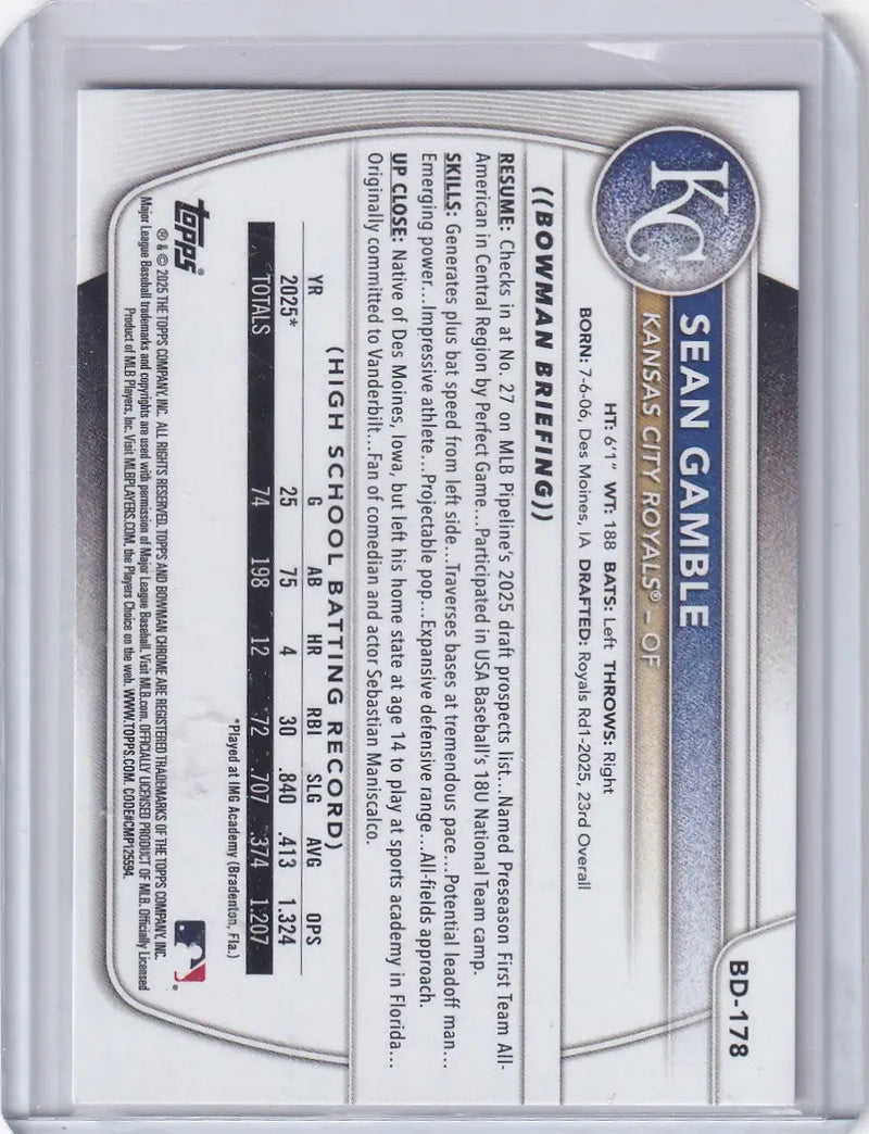 2025 Bowman Draft #BD-178 Sean Gamble - Royals - Baseball Card Single