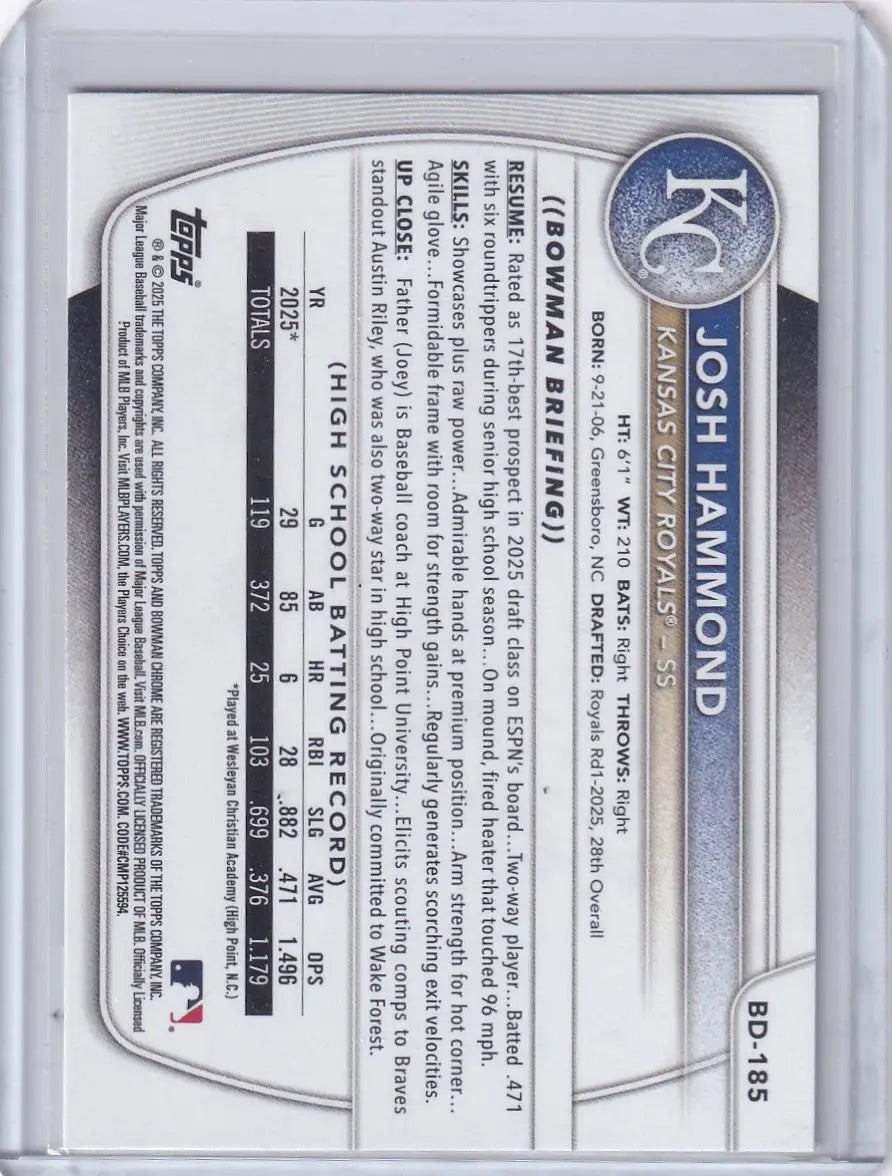 2025 Bowman Draft #BD-185 Josh Hammond - Royals - Baseball Card Single
