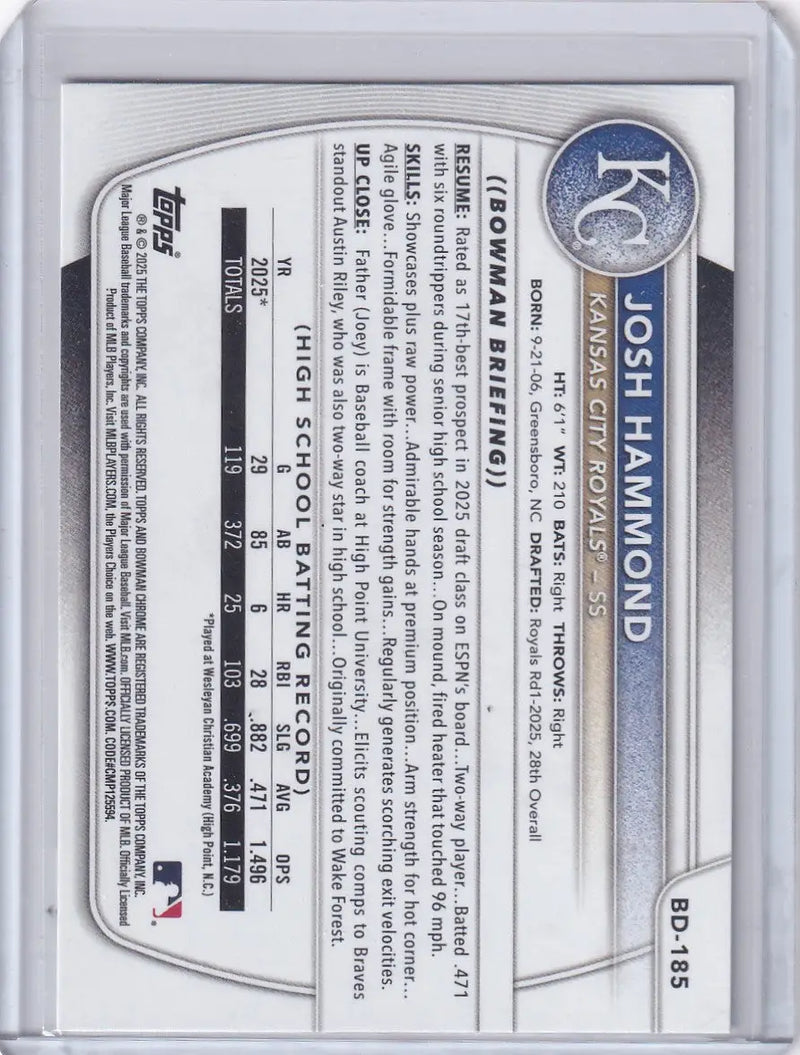 2025 Bowman Draft #BD-185 Josh Hammond - Royals - Baseball Card Single
