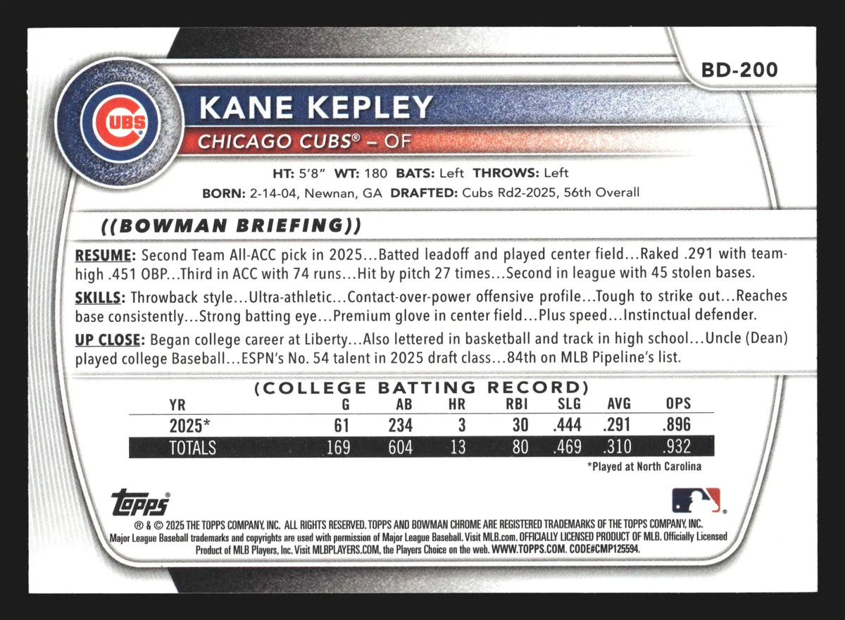 2025 Bowman Draft #BD-200 Kane Kepley 1st Bowman Chicago Cubs - Baseball Card Single