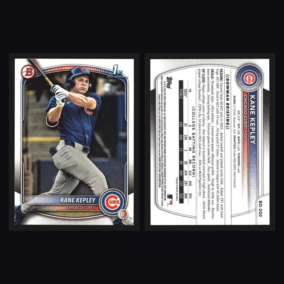 2025 Bowman Draft #BD-200 Kane Kepley 1st Bowman Chicago Cubs - Baseball Card Single