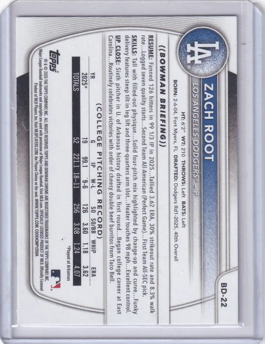 2025 Bowman Draft #BD-22 Zach Root - Dodgers - Baseball Card Single