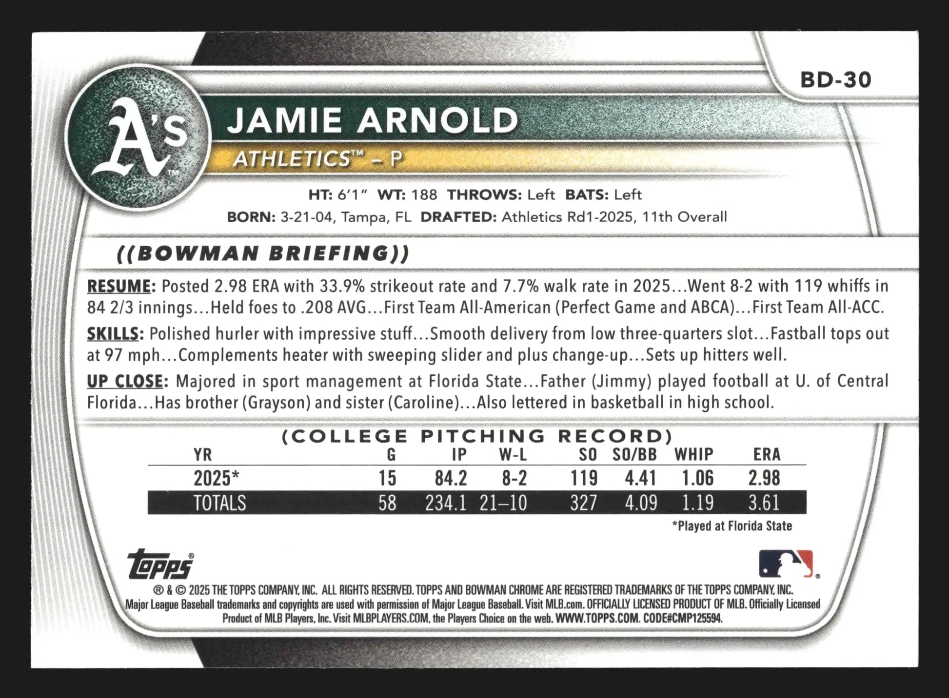 2025 Bowman Draft #BD-30 Jamie Arnold Blue /150 Athletics 1st Bowman