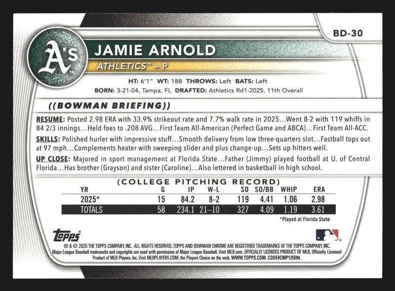 2025 Bowman Draft #BD-30 Jamie Arnold Blue /150 Athletics 1st Bowman