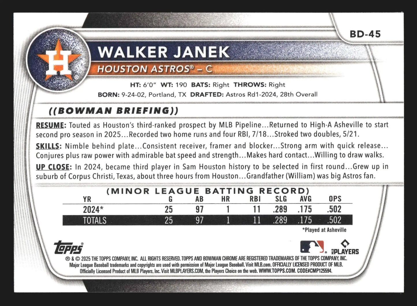 2025 Bowman Draft #BD-45 Walker Janek Astros 1st Bowman - Baseball Card Single