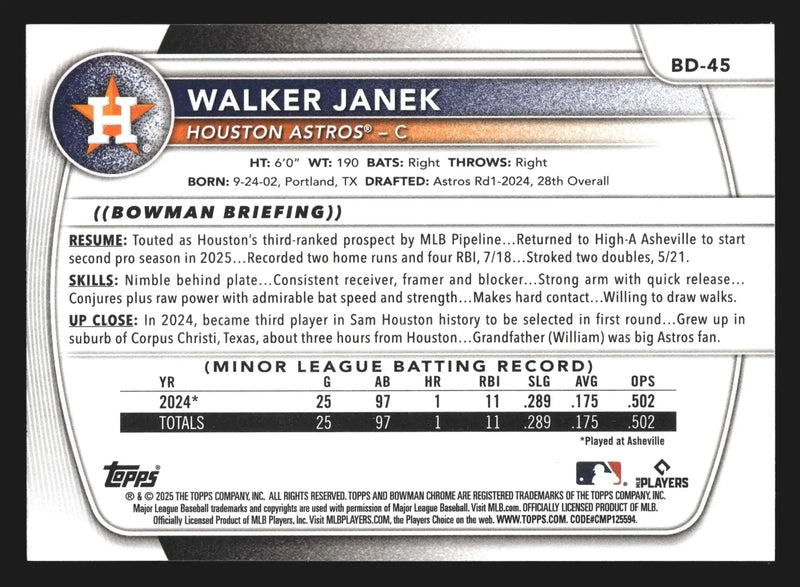 2025 Bowman Draft #BD-45 Walker Janek Astros 1st Bowman - Baseball Card Single