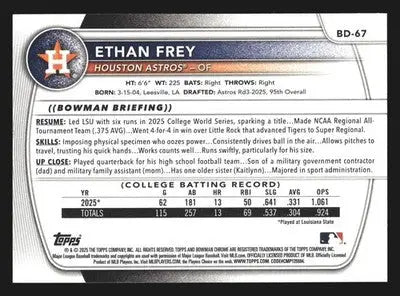 2025 Bowman Draft #BD-67 Ethan Frey Astros 1st Bowman - Baseball Card Single
