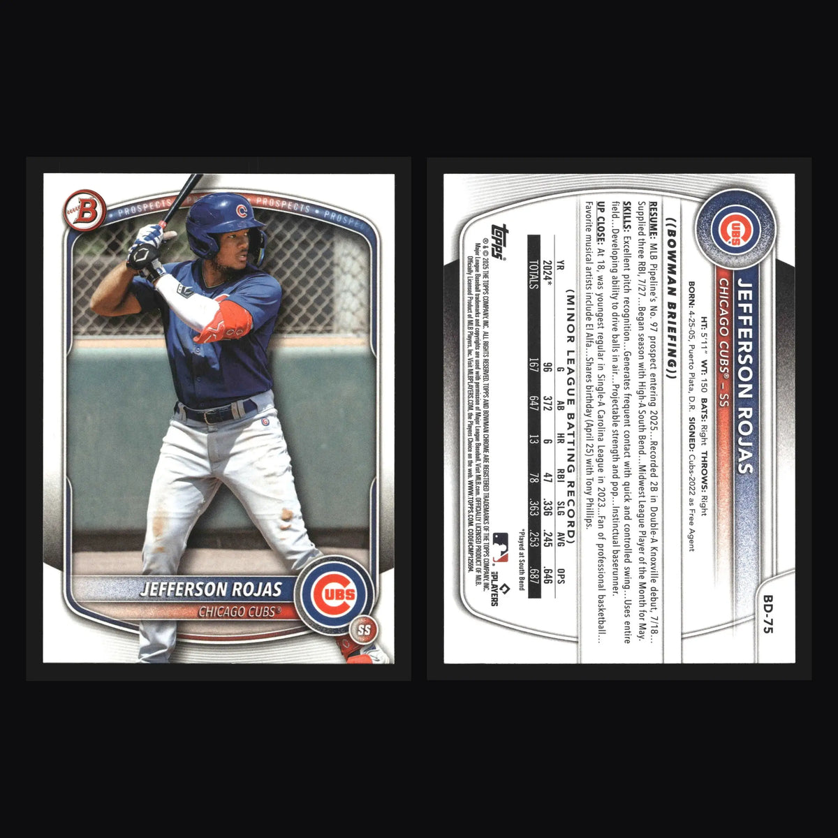 2025 Bowman Draft #BD-75 Jefferson Rojas Chicago Cubs - Baseball Card Single
