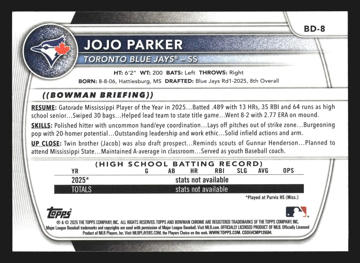 2025 Bowman Draft #BD-8 JoJo Parker 1st Bowman Toronto Blue Jays