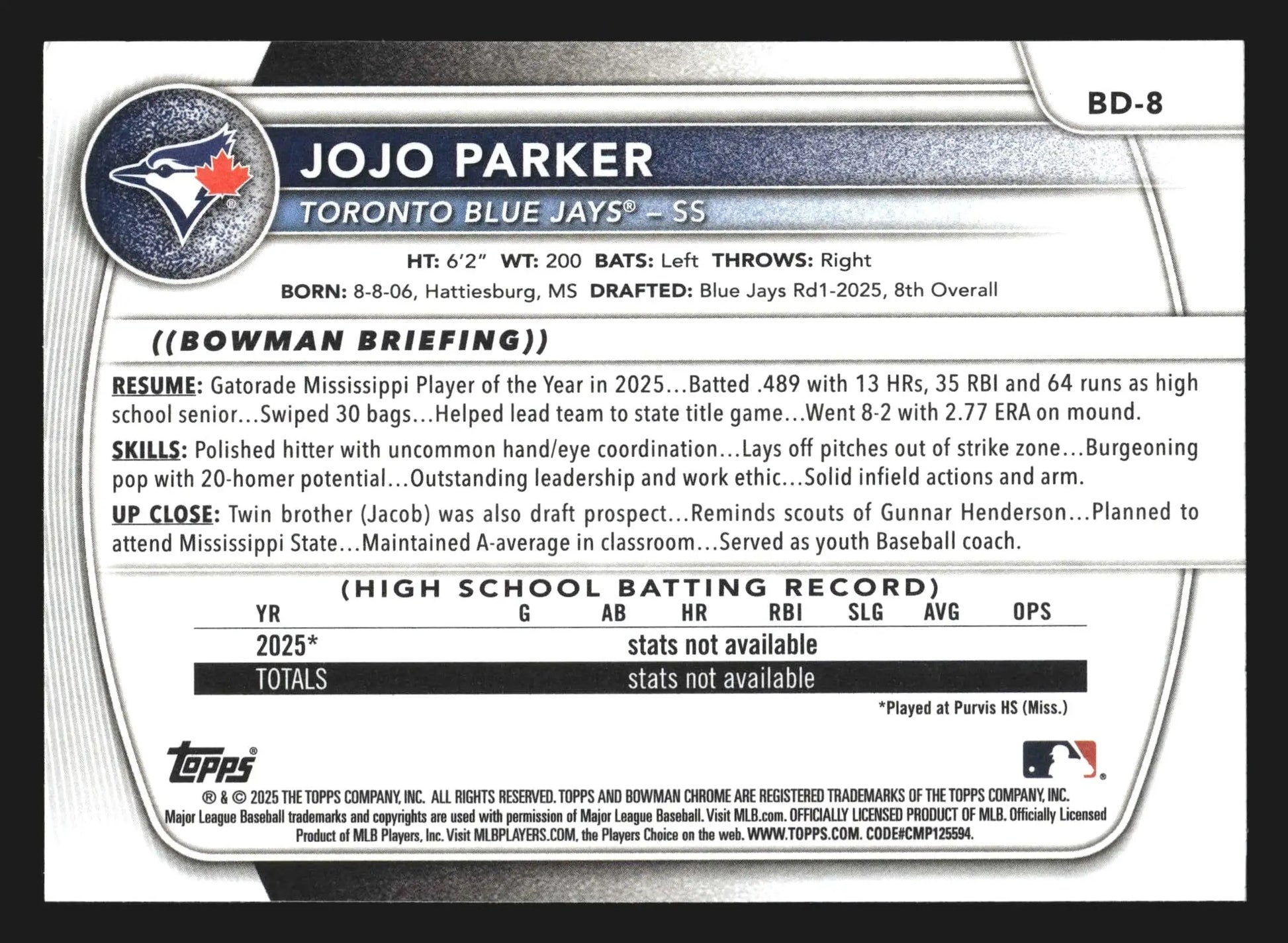 2025 Bowman Draft #BD-8 JoJo Parker 1st Bowman Toronto Blue Jays