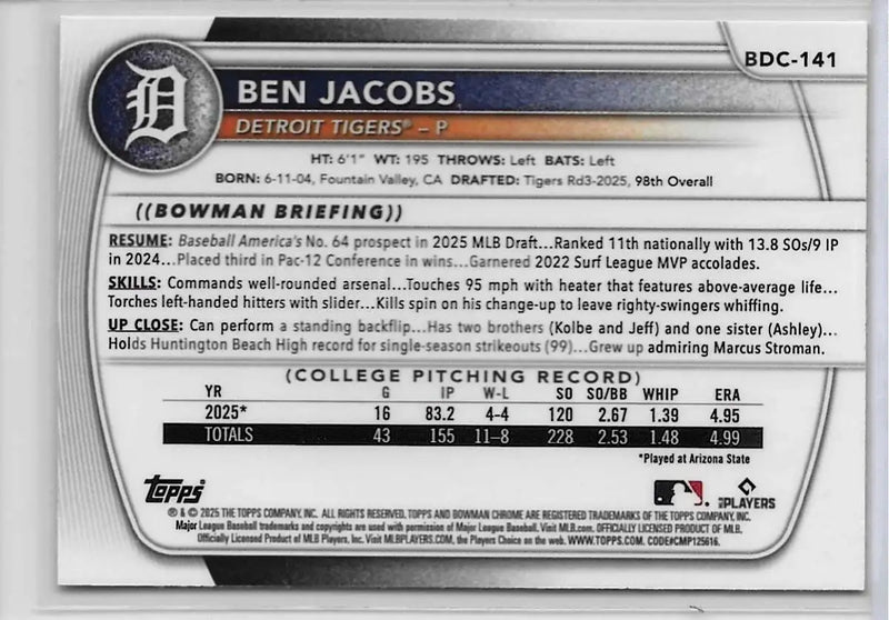 2025 Bowman Draft #BDC-141 Ben Jacobs Yellow Refractor /75 Tigers (1378) - Baseball Card Single