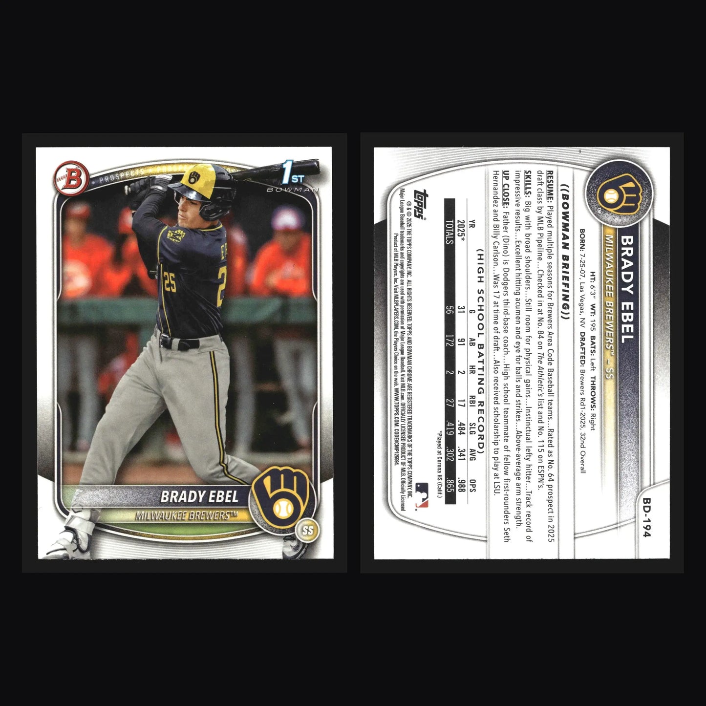 2025 Bowman Draft Brady Ebel #BD-194 1st Bowman Milwaukee Brewers - Baseball Card Single