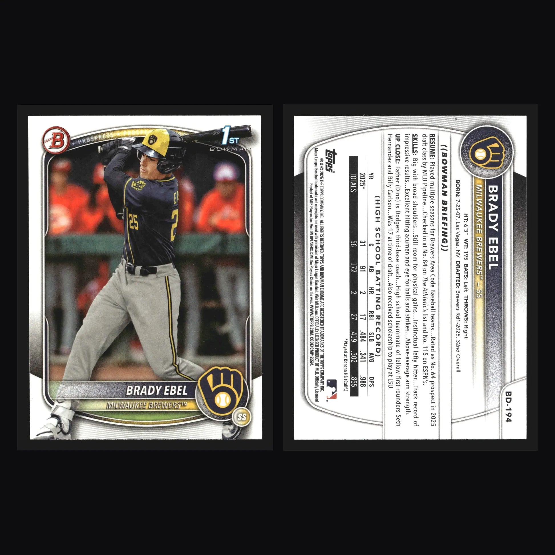 2025 Bowman Draft Brady Ebel #BD-194 1st Bowman Milwaukee Brewers - Baseball Card Single