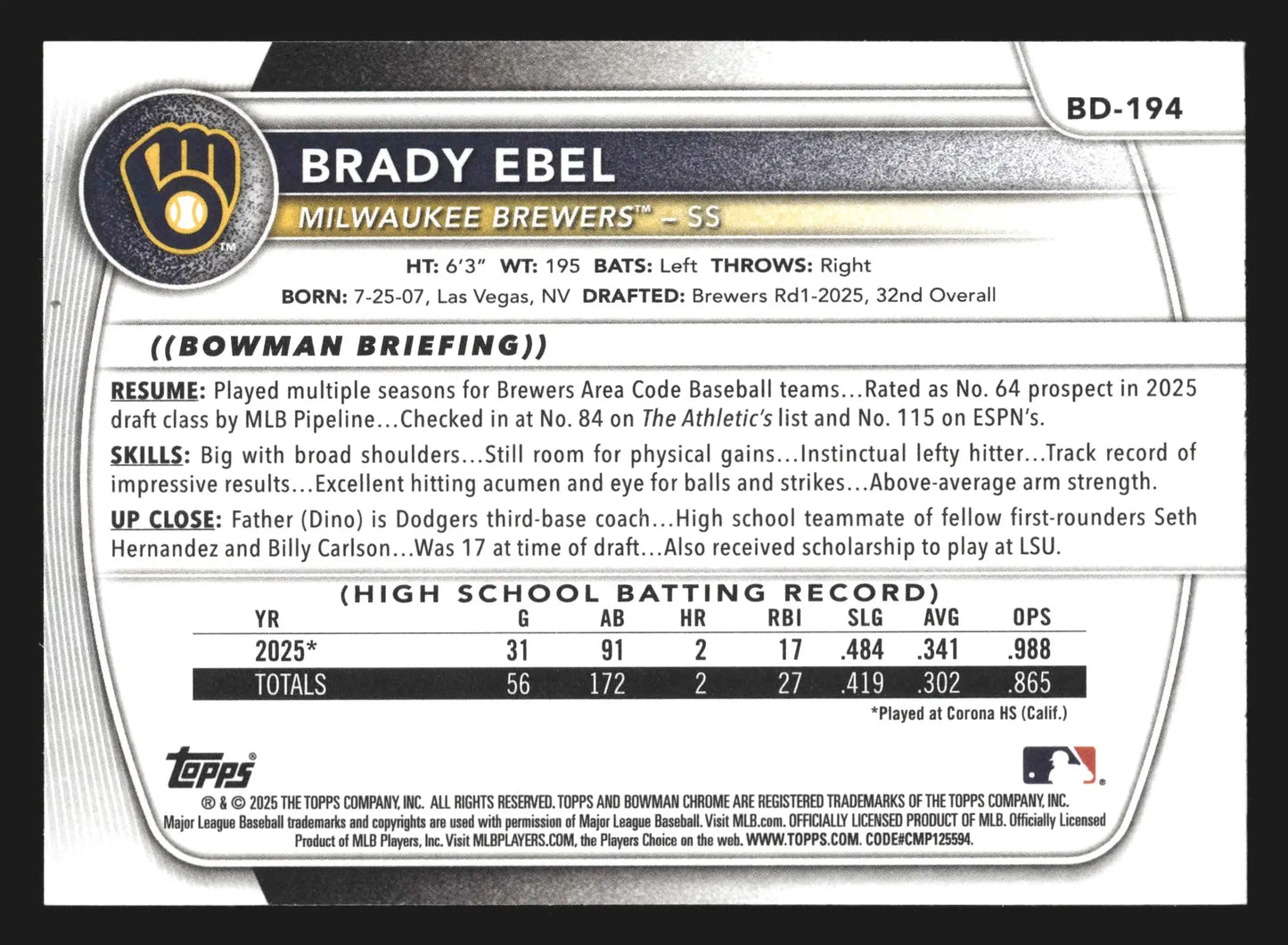 2025 Bowman Draft Brady Ebel #BD-194 1st Bowman Milwaukee Brewers - Baseball Card Single