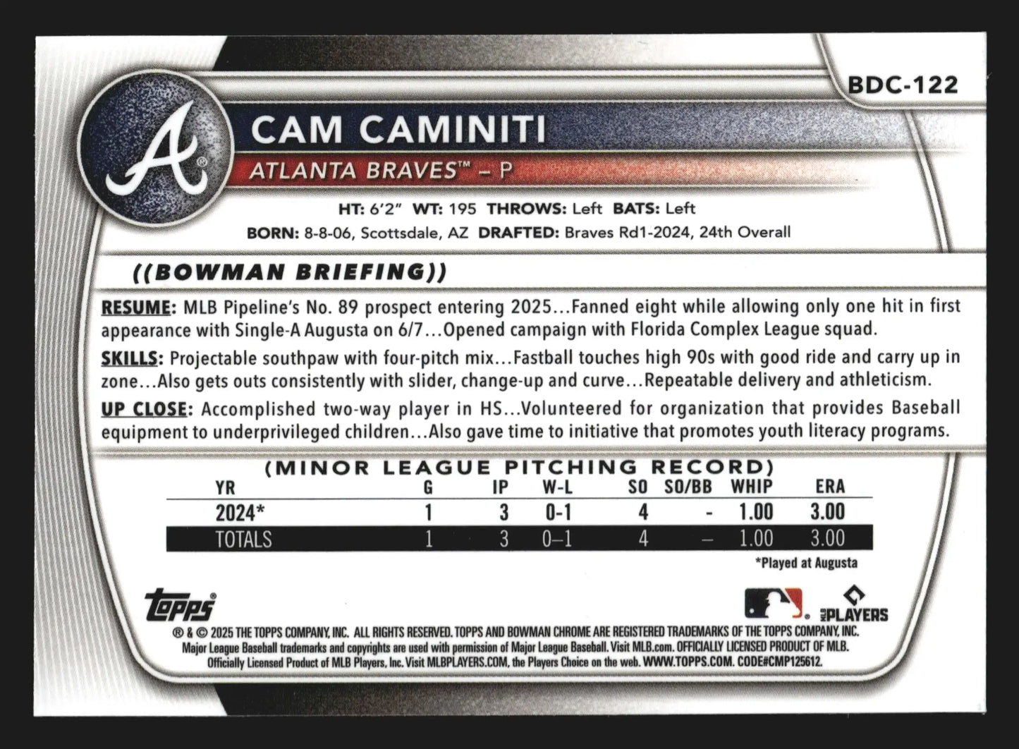 2025 Bowman Draft Chrome #BDC-122 Cam Caminiti Atlanta Braves