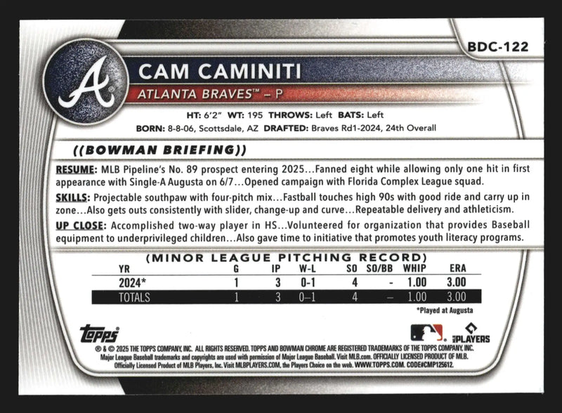 2025 Bowman Draft Chrome #BDC-122 Cam Caminiti Atlanta Braves