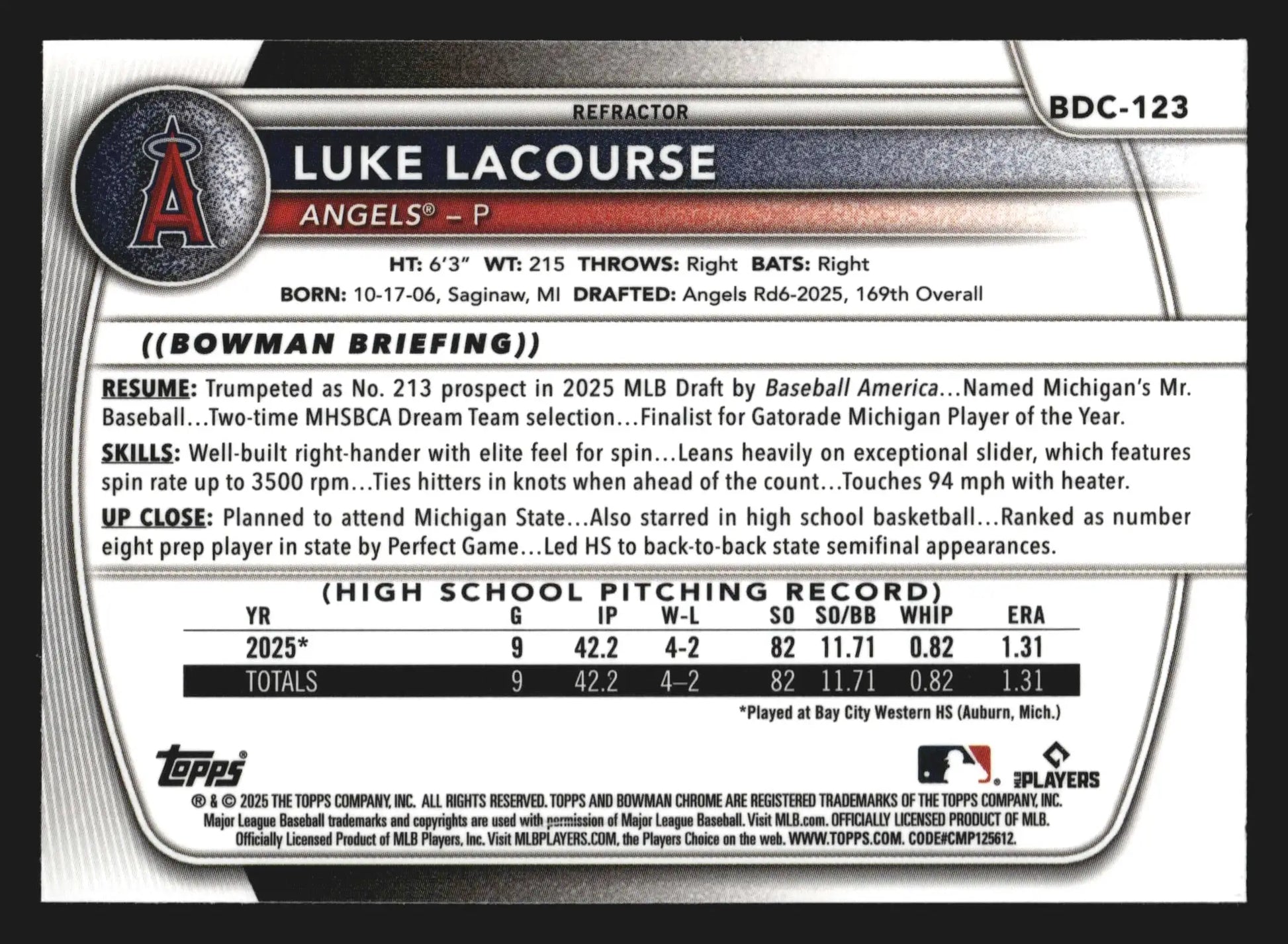 2025 Bowman Draft Chrome #BDC-123 Luke LaCourse Refractor 1st Bowman