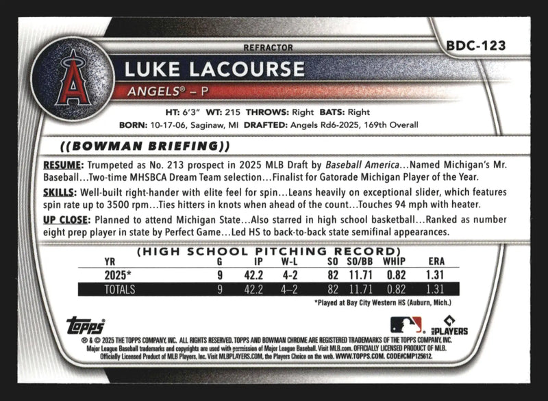 2025 Bowman Draft Chrome #BDC-123 Luke LaCourse Refractor 1st Bowman