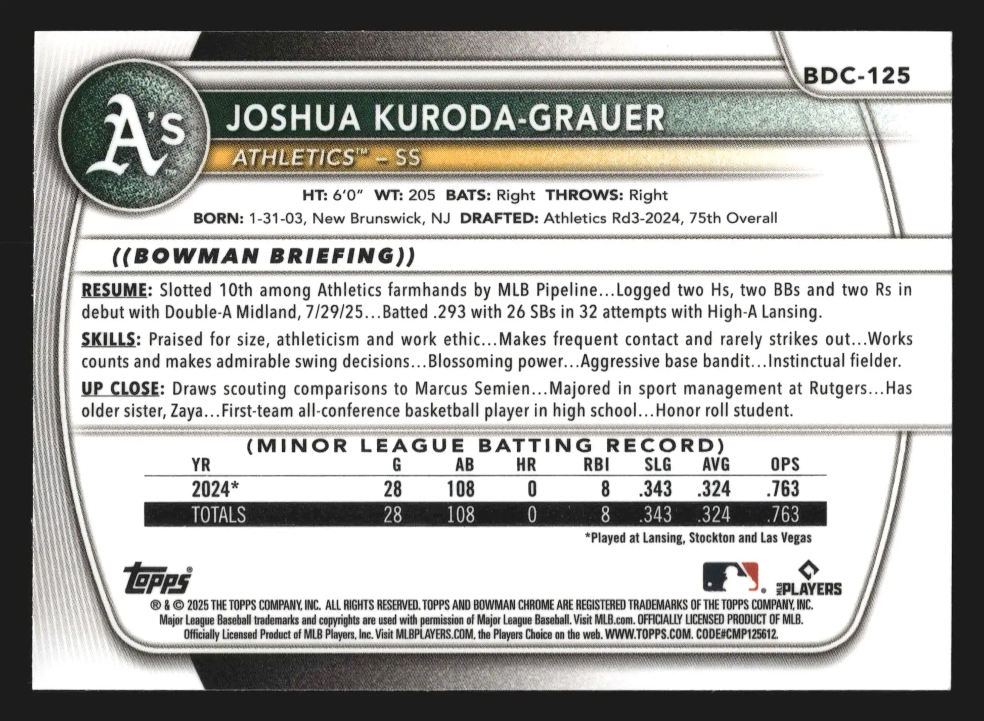 2025 Bowman Draft Chrome #BDC-125 Joshua Kuroda-Grauer 1st Bowman - Baseball Card Single