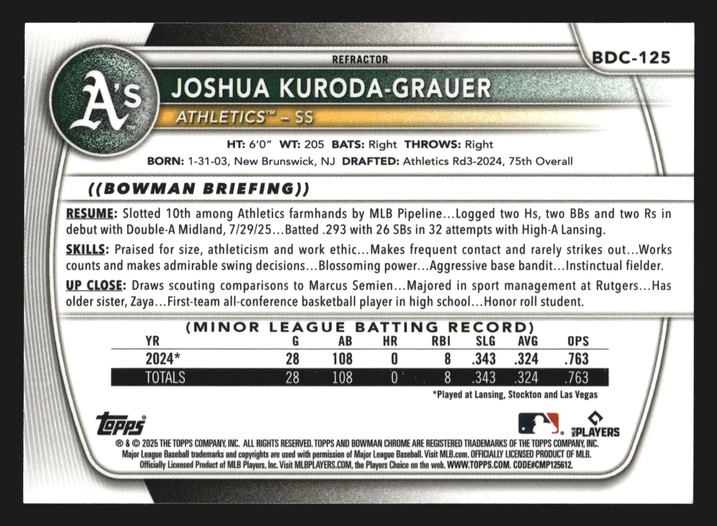 2025 Bowman Draft Chrome #BDC-125 Joshua Kuroda-Grauer Refractor Athletics