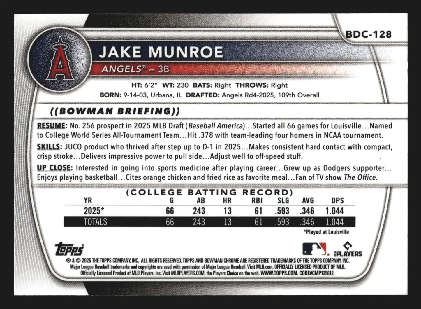 2025 Bowman Draft Chrome #BDC-128 Jake Munroe Angels - Baseball Card Single