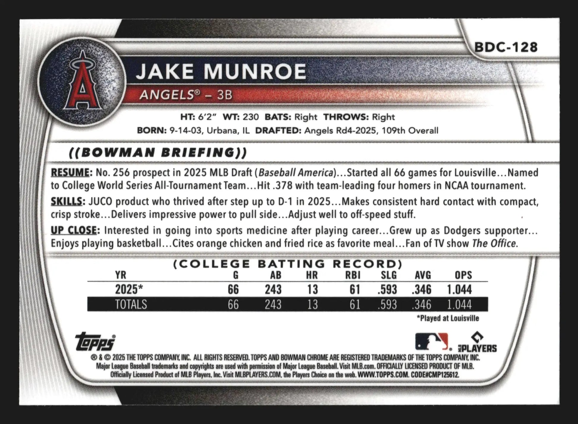 2025 Bowman Draft Chrome #BDC-128 Jake Munroe Angels - Baseball Card Single