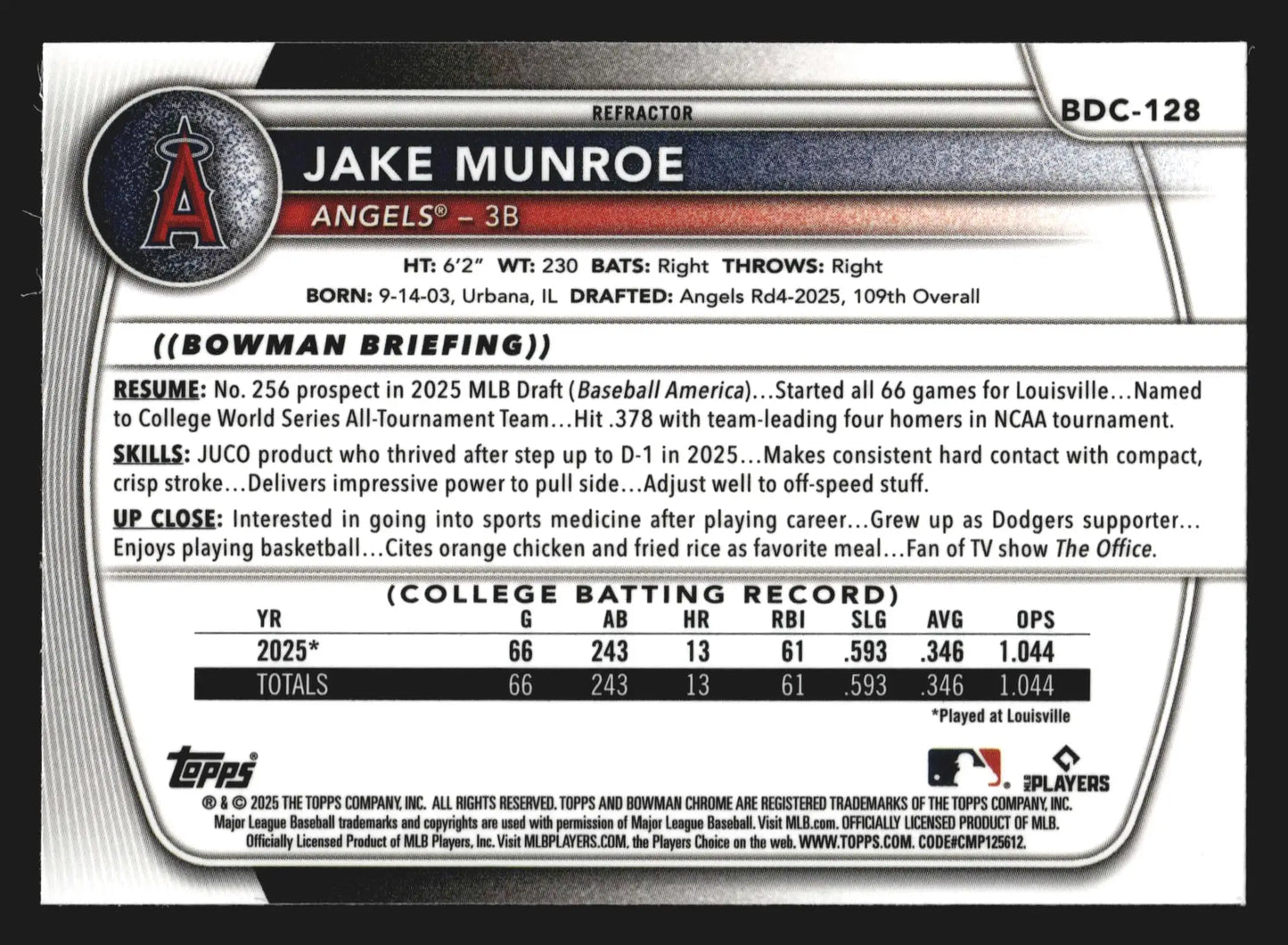 2025 Bowman Draft Chrome #BDC-128 Jake Munroe Refractor 1st Bowman