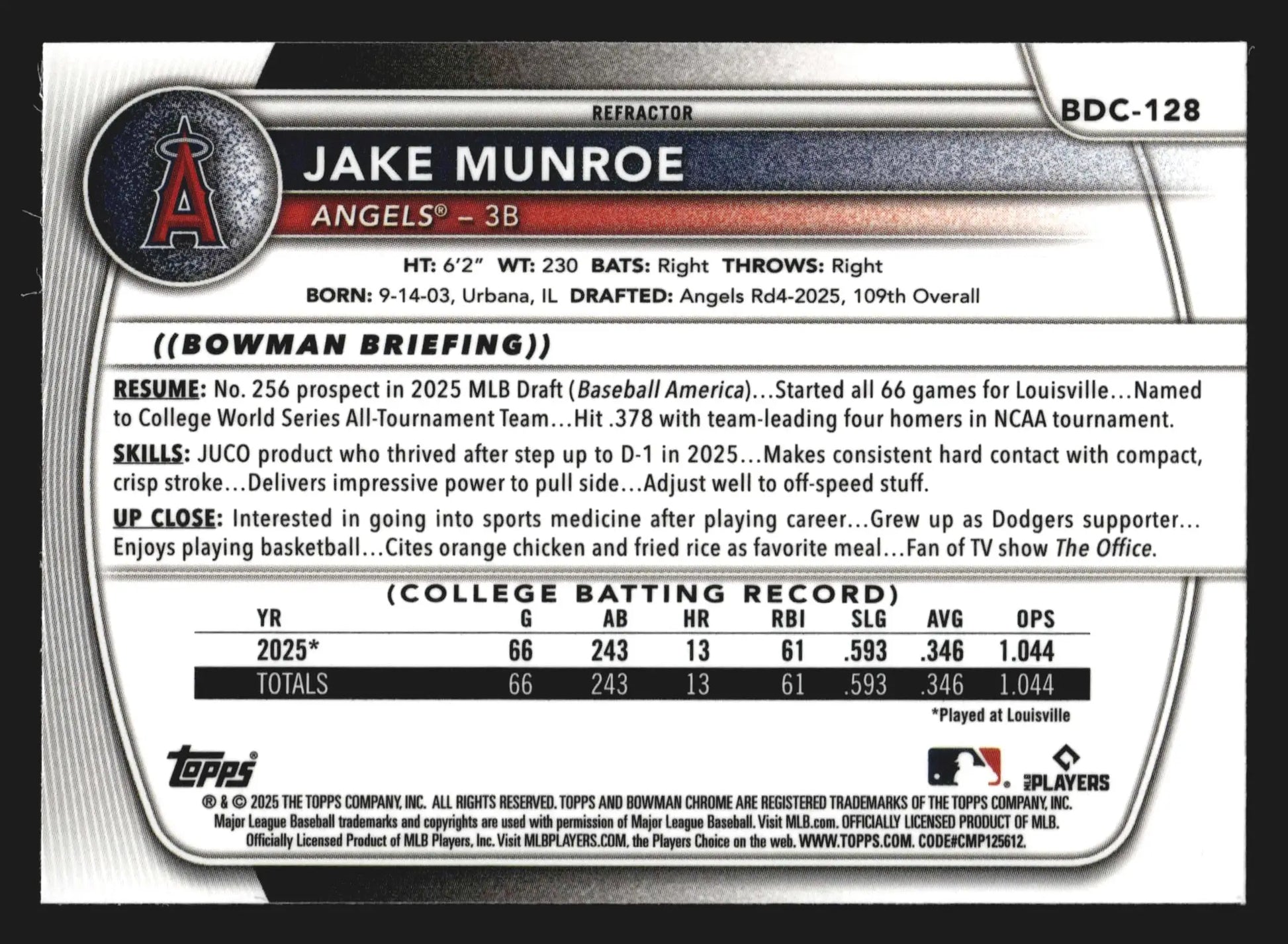 2025 Bowman Draft Chrome #BDC-128 Jake Munroe Refractor 1st Bowman