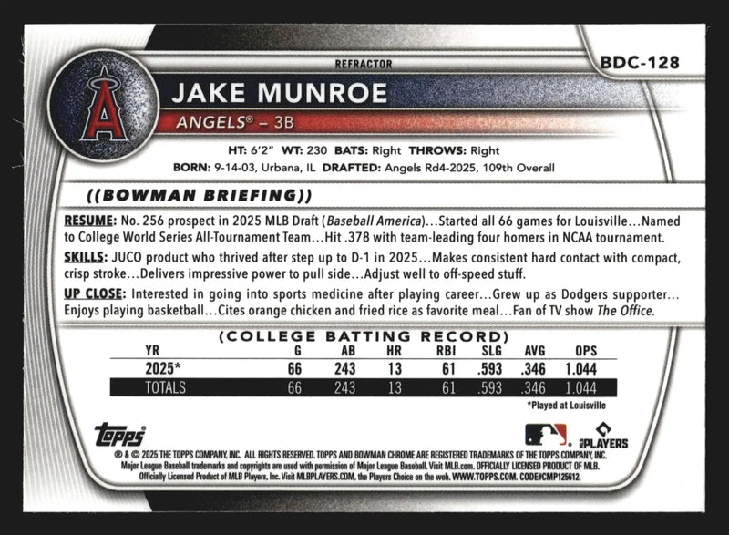 2025 Bowman Draft Chrome #BDC-128 Jake Munroe Refractor 1st Bowman