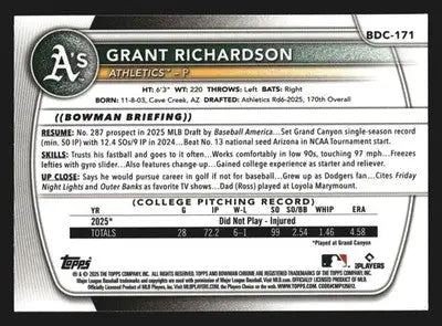 2025 Bowman Draft Chrome #BDC-171 Grant Richardson Athletics 1st Bowman - Baseball Card Single
